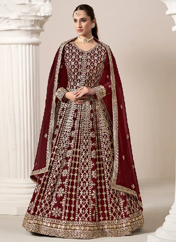 Quick Sale Deep Red Embroidery Georgette Anarkali Suit