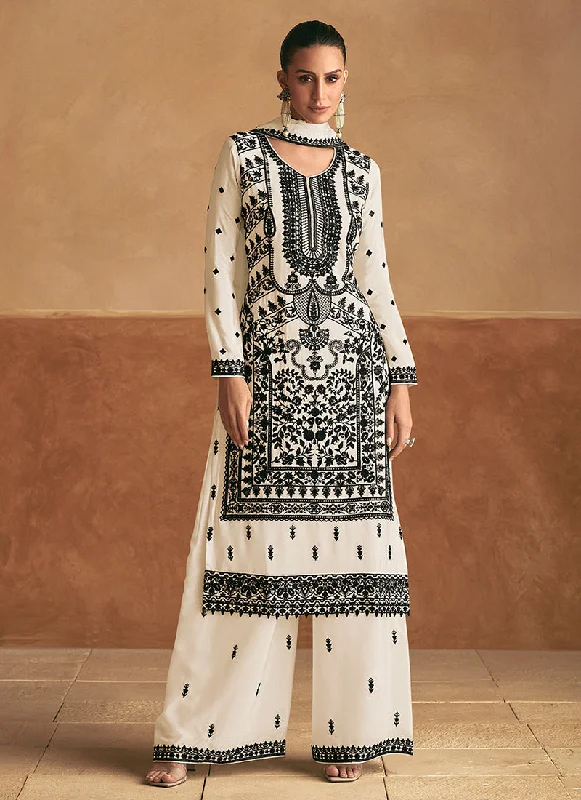 Massive Deals Off White Resham Thread Embroidery Palazzo Style Suit