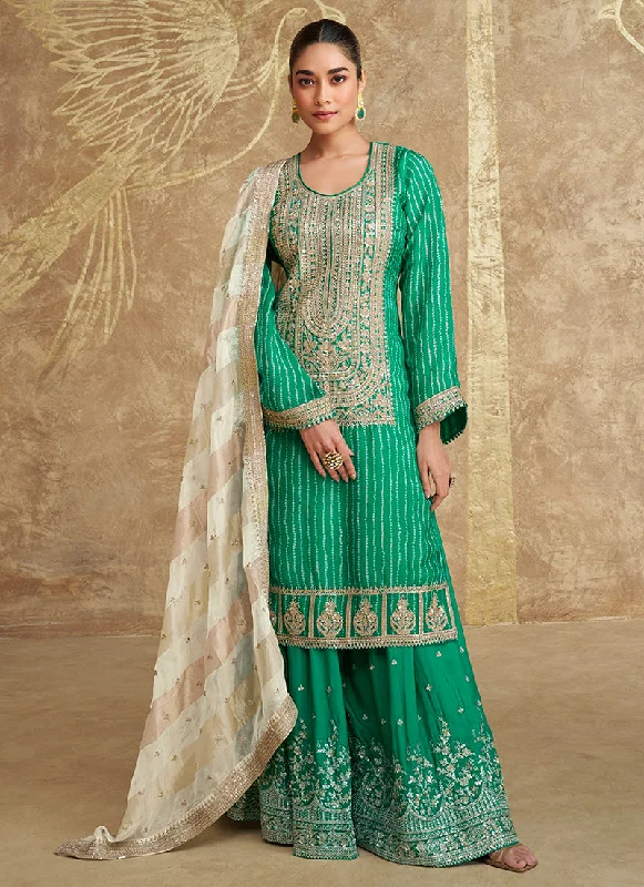 Factory Direct Sale Green And Off White Embroidered Gharara Style Suit