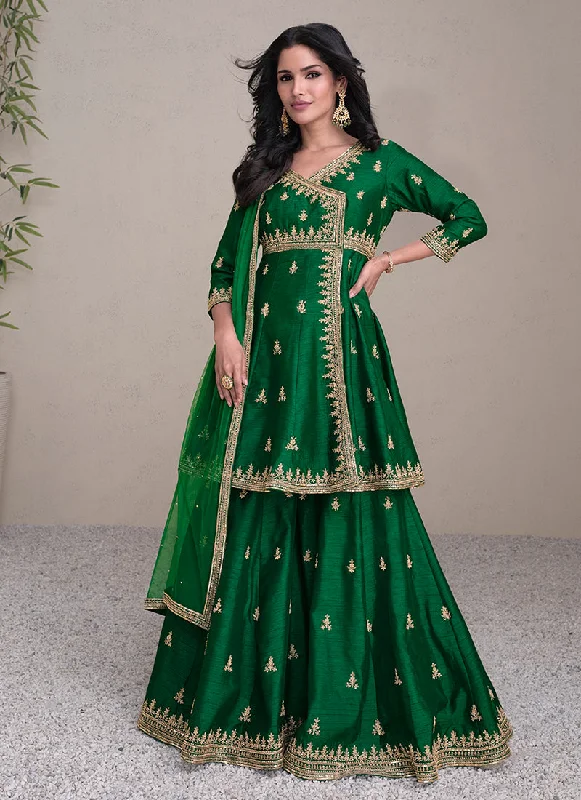 Price Smash Green Golden Embroidered Angrakha Style Gharara Suit
