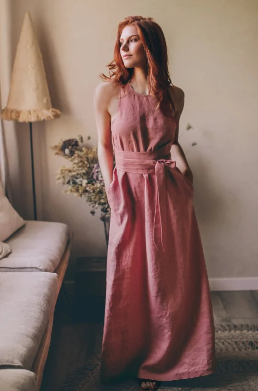 Inventory Reduction Minimalist Linen Maxi Dress with Tie Belt