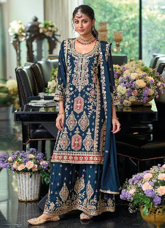 Weekend Deal Turquoise Embroidered Festive Gharara Suit