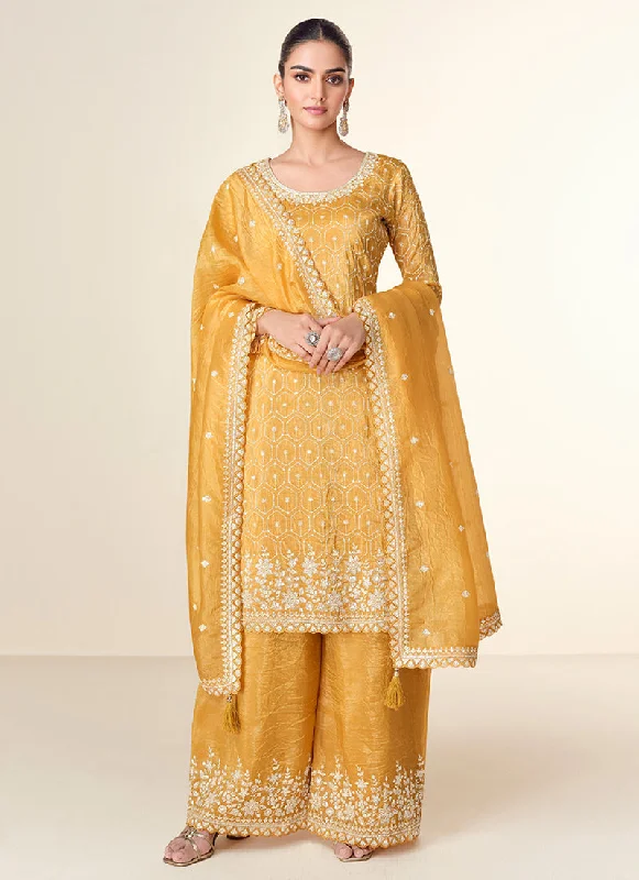 Super Sale Bright Yellow Embroidery Party Wear Palazzo Suit