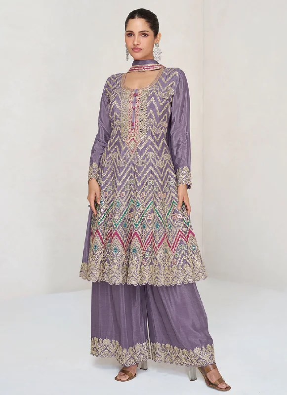 Grand Opening Sale Purple Multi Embroidery Anarkali Palazzo Suit
