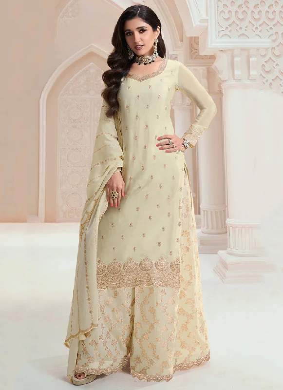Unmissable Offer Off White Traditional Embroidered Festive Palazzo Suit