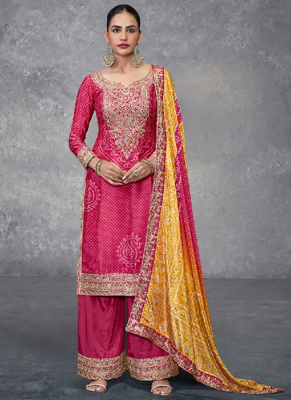 Exclusive Access Red And Yellow Mirror Embroidery Bandhani Prited Palazzo Suit