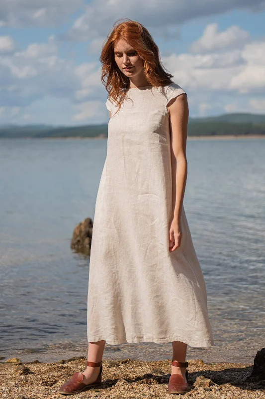 Anniversary Sale Linen Midi Dress with Cap Sleeves