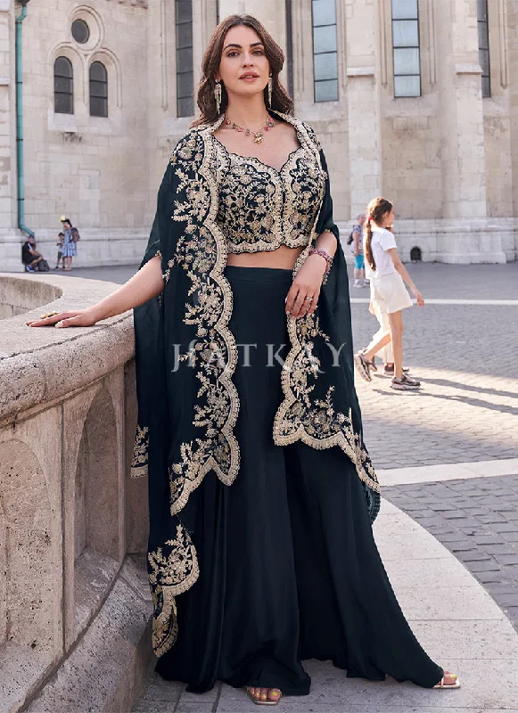 Instant Savings Navy Blue Embroidered Cape Style Designer Palazzo Suit