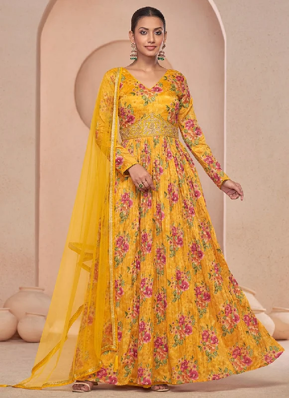 New Deals Yellow Floral Print And Handwork Embroidery Anarkali Style Gown