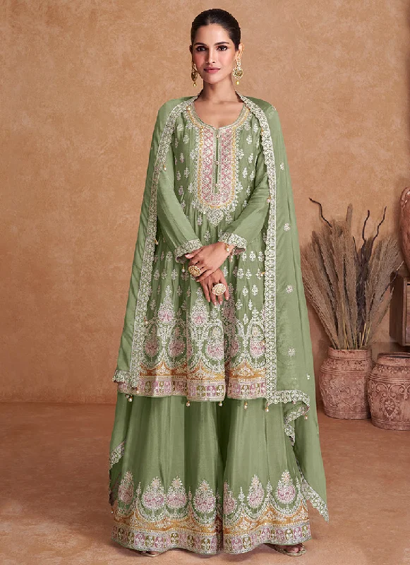 Deal Zone Light Green Multi Embroidery Wedding Gharara Style Suit