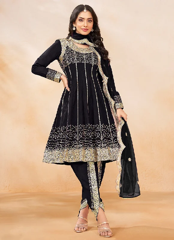Act Now Black Golden Embroidered Anarkali And Dhoti Style Pant Suit