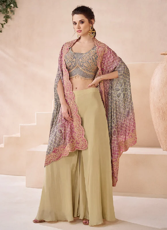 Low Prices Pink And Beige Thread Embroidery Cape Style Palazzo Set