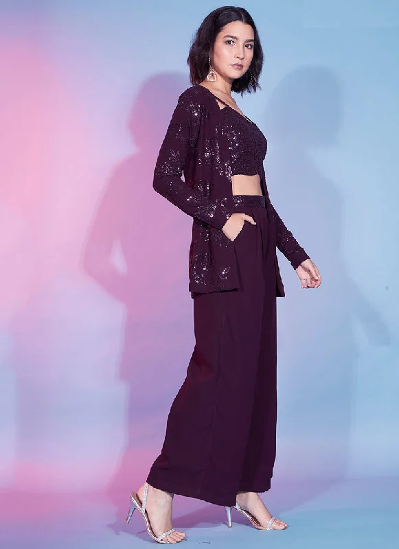 Online Only Deep Purple Sequence Embellished Co-Ord Style Pant Suit