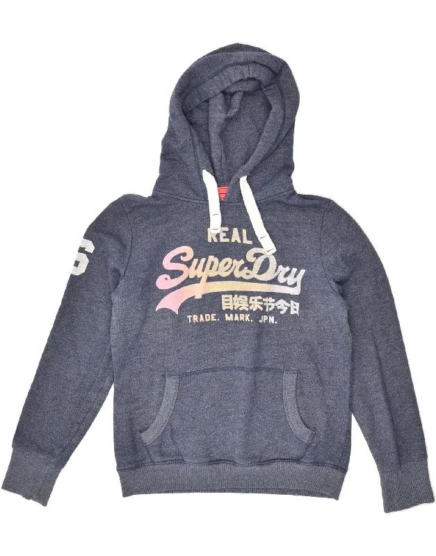 SUPERDRY Womens Graphic Hoodie Jumper UK 16 Large Navy Blue Cotton