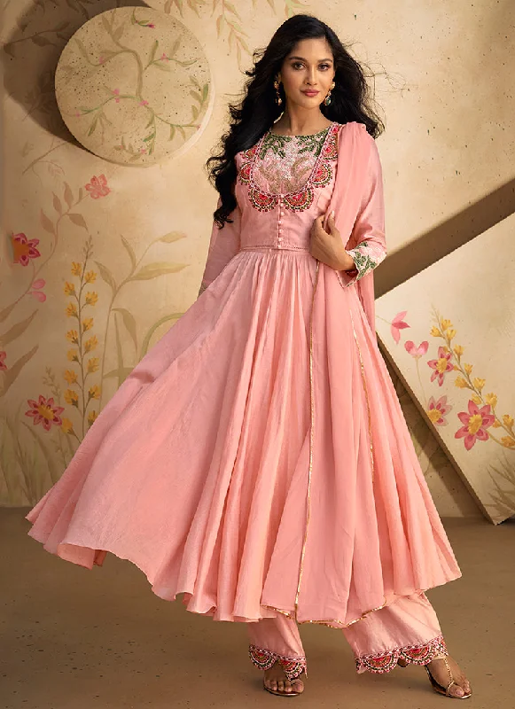 Price Drop Light Pink Multi Short Embroidery Anarkali Pant Style Suit