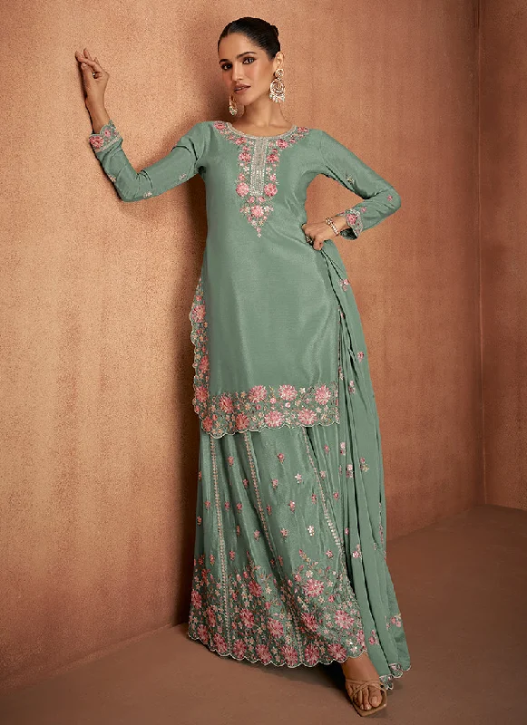 Unbeatable Prices Teal Multi Embroidery Party Wear Sharara Suit