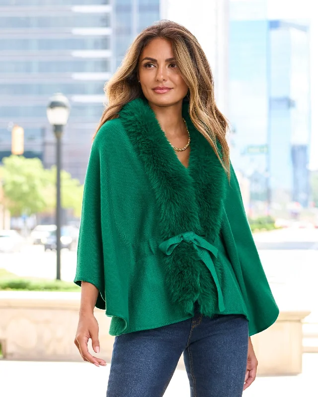 Super Deal Faux Fur Tie Waist Poncho Ultramarine Green
