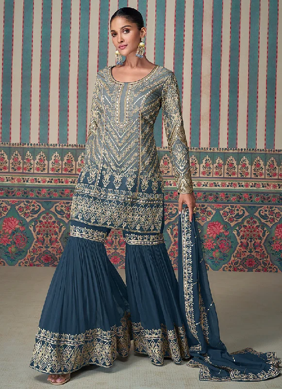Clearance Sale Royal Blue Embroidery Gharara Style Suit