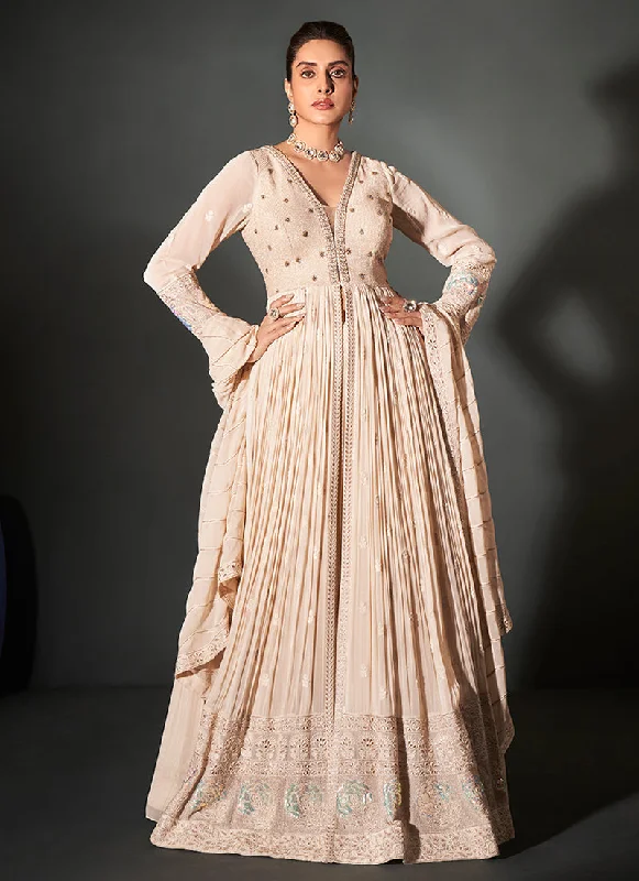 Final Sale Beige Traditional Lucknowi Embroidered Anarkali Lehenga