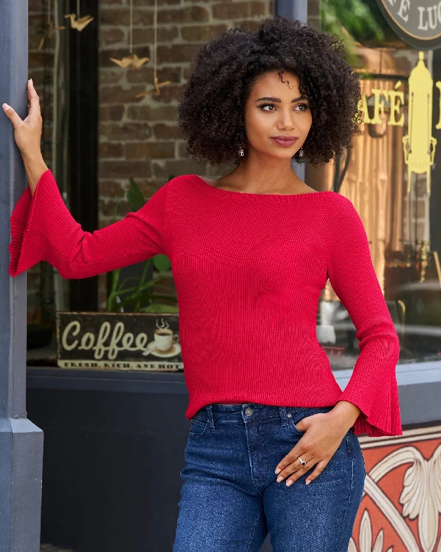 Major Savings Ribbed Boatneck Flare Sleeve Sweater Lollipop