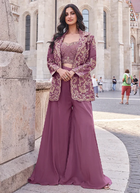 Online Exclusive Mauve Embroidered Jacket Style Designer Palazzo Suit