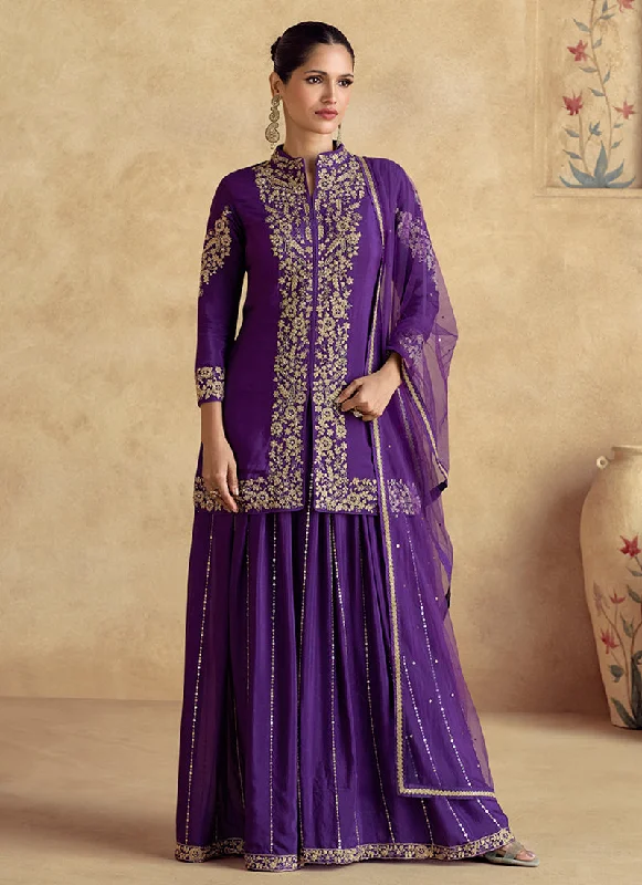 Great Deals Purple Threadwork Embroidery Sharara Style Suit