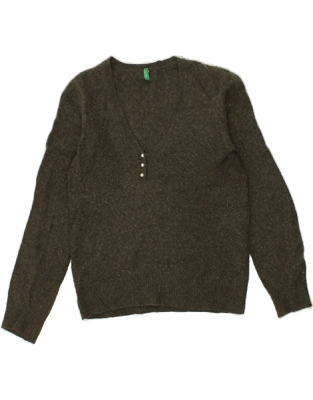 BENETTON Womens V-Neck Jumper Sweater UK 12 Medium Khaki Wool