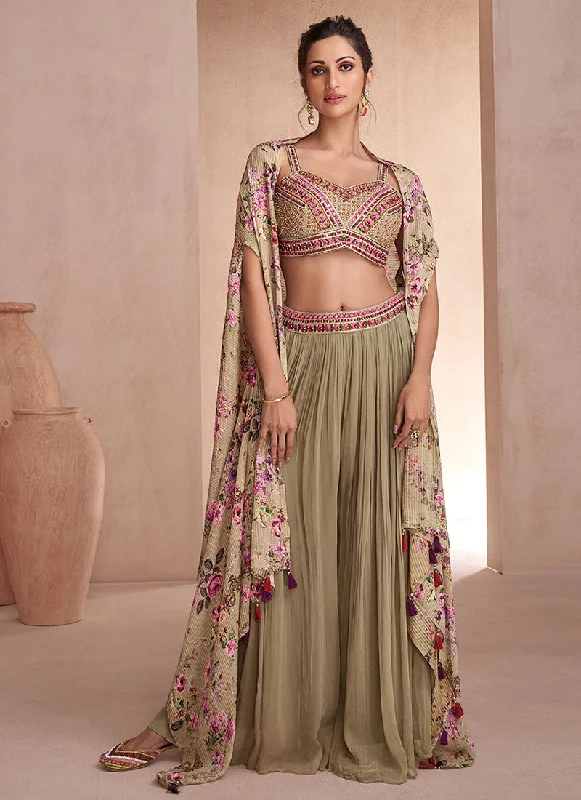 Markdowns Hazy Green Sequence Embroidery Cape Style Palazzo