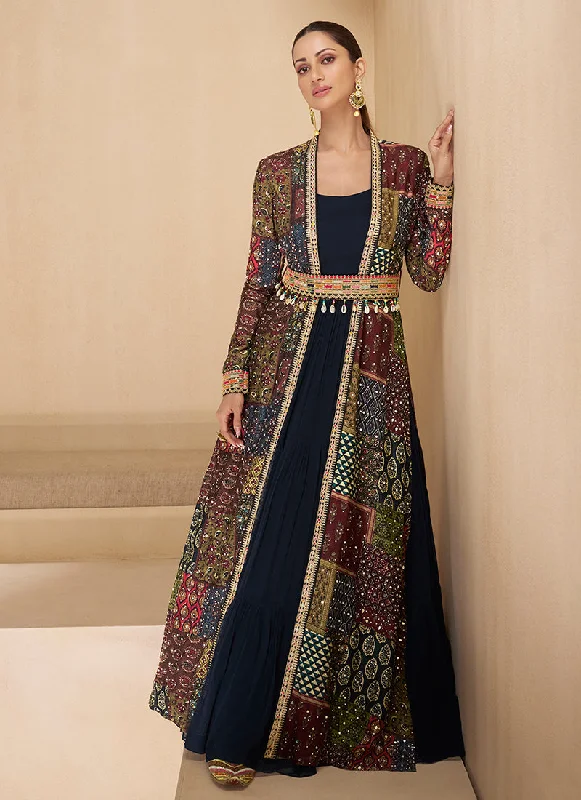 Fantastic Offers Dark Blue Multicoloured Embroidered Jacket Style Anarkali Gown