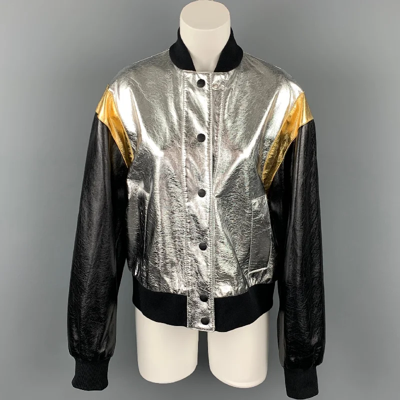 MSGM Giubbino Size 8 Silver & Black Viscose Blend Bomber Jacket