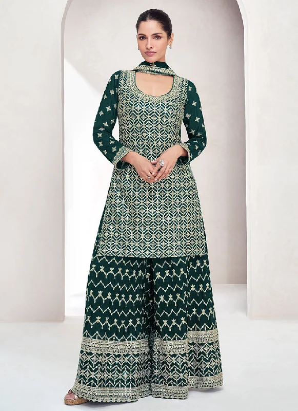 Price Meltdown Dark Green Reshamkari Embroidery Palazzo Suit