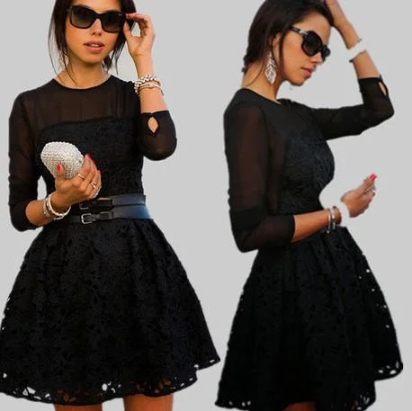 Markdown Madness Slim Pure Color Lace Floral Long Sleeve Short Dress