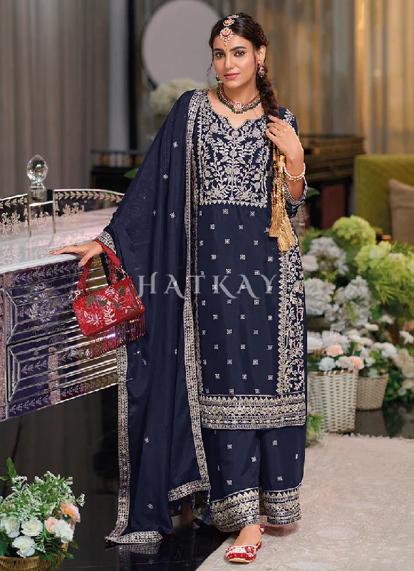 Take Advantage Dark Blue Embroidered Palazzo Suit