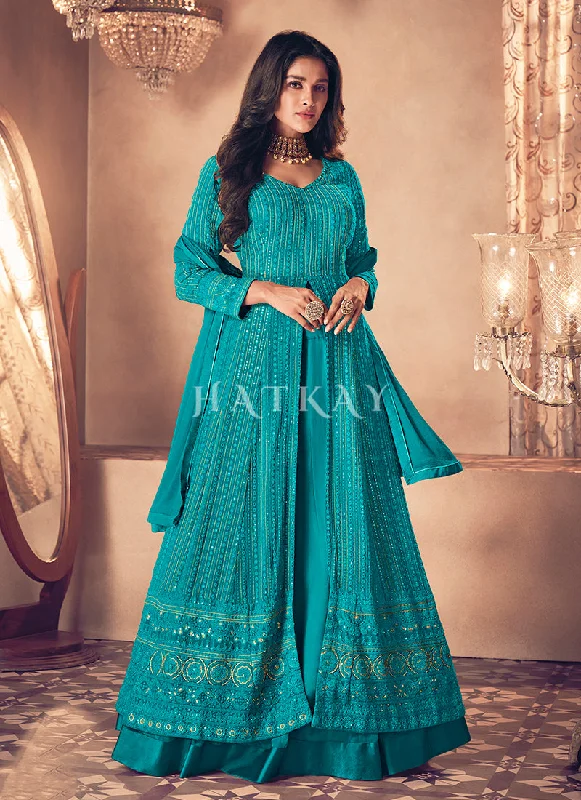 Crazy Deals Turquoise Traditional Sequence Embroidered Wedding Anarkali Lehenga
