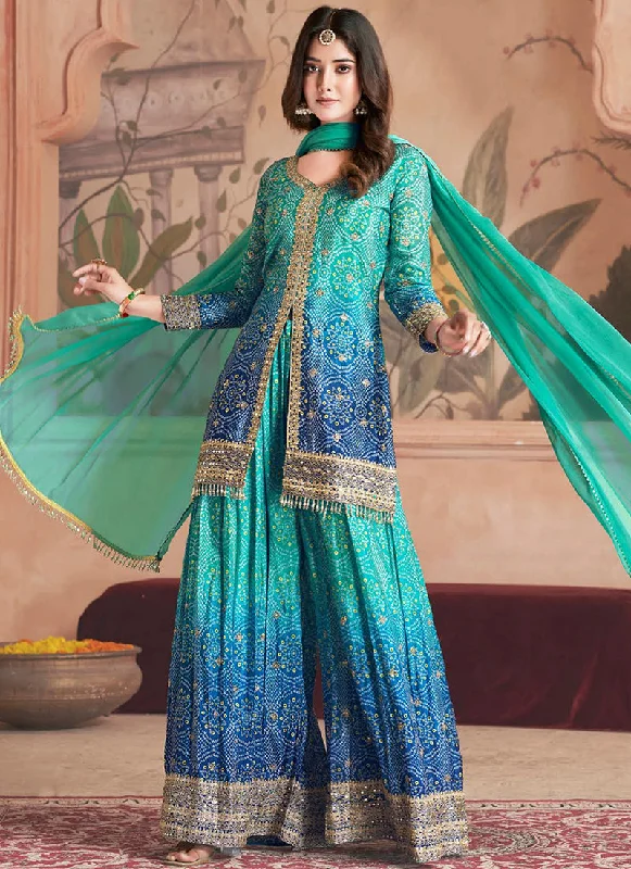 Savings Event Teal Blue Ombré Embroidered Kurti And Palazzo