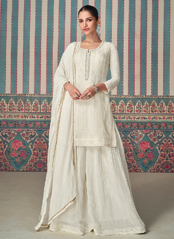 Seasonal Sale Pearl White Designer Embroidery Chinnon Sharara Suit