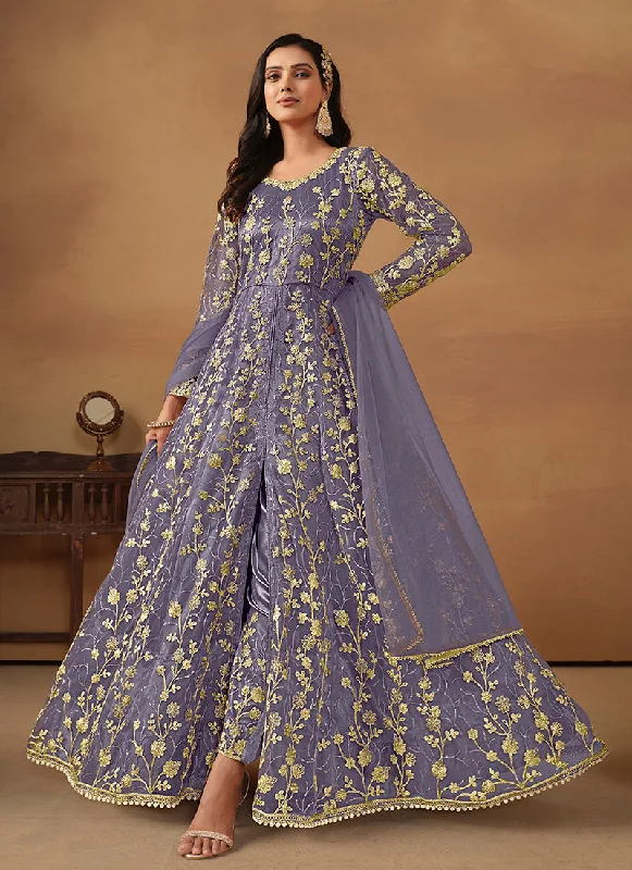 Instant Savings Light Purple Embroidered Slit Style Anarkali Pant Suit