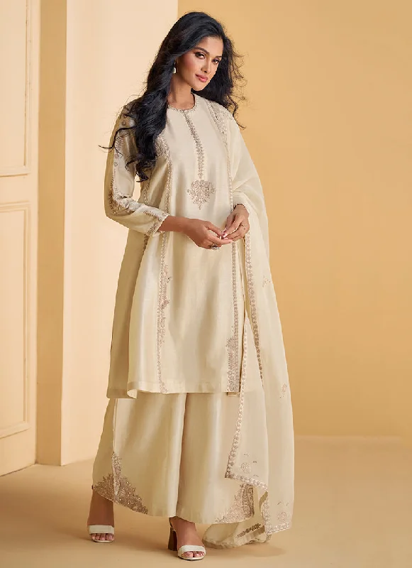 Amazing Deals Pearl White Embroidered Party Wear Palazzo Suit