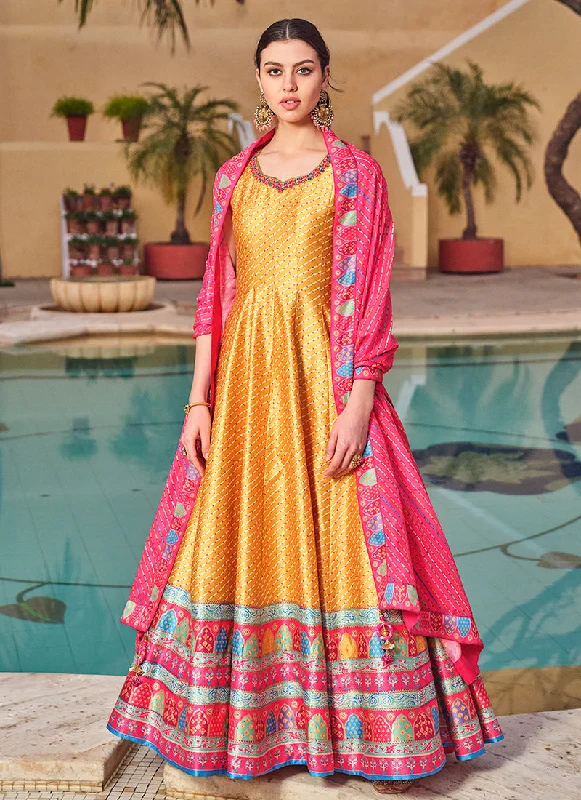 Customer Appreciation Sale Yellow Pink Embroidery And Printed Anarkali Gown