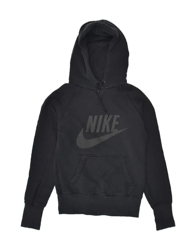 NIKE Womens Graphic Hoodie Jumper UK 10 Small Black Cotton