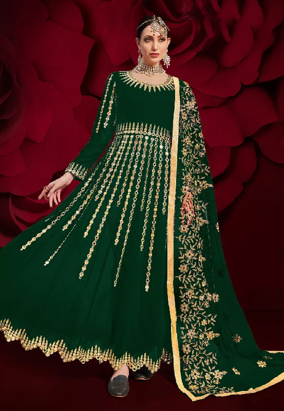 Today's Special Green Golden Mirror Work Flared Anarkali Pant Suit
