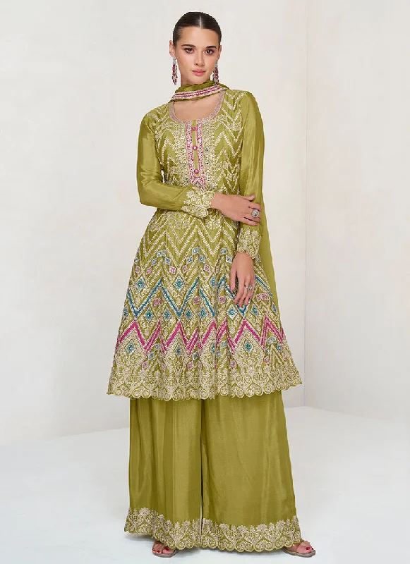 Year-End Sale Lime Green Multi Embroidery Anarkali Palazzo Suit