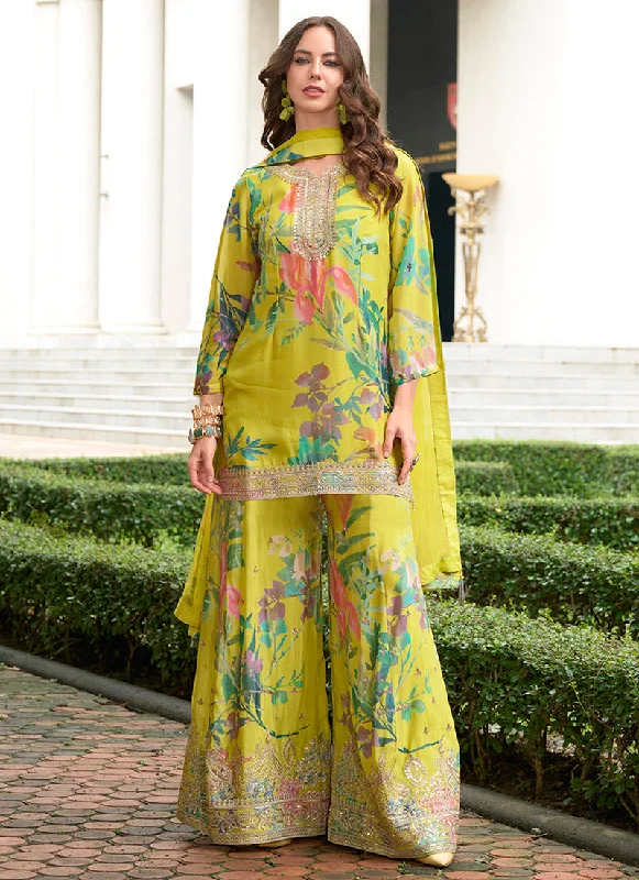 Hot Deal Lime Multicoloured Sequence Embroidery Printed Palazzo Suit