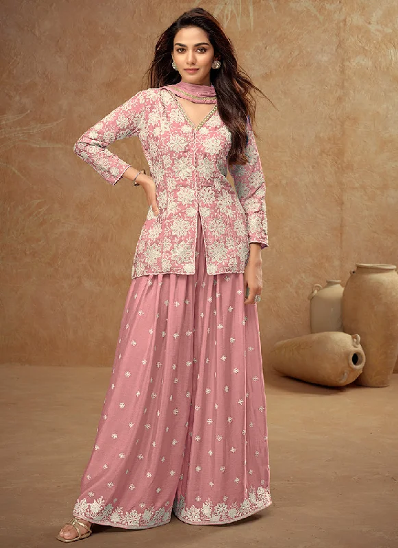 Flash Sale Light Pink Embroidered Koti Style Kurti And Palazzo Suit