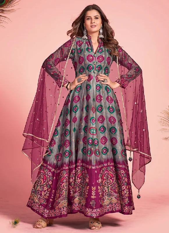 Bonus Savings Grey Pink Multicoloured Silk Jacquard Anarkali Gown