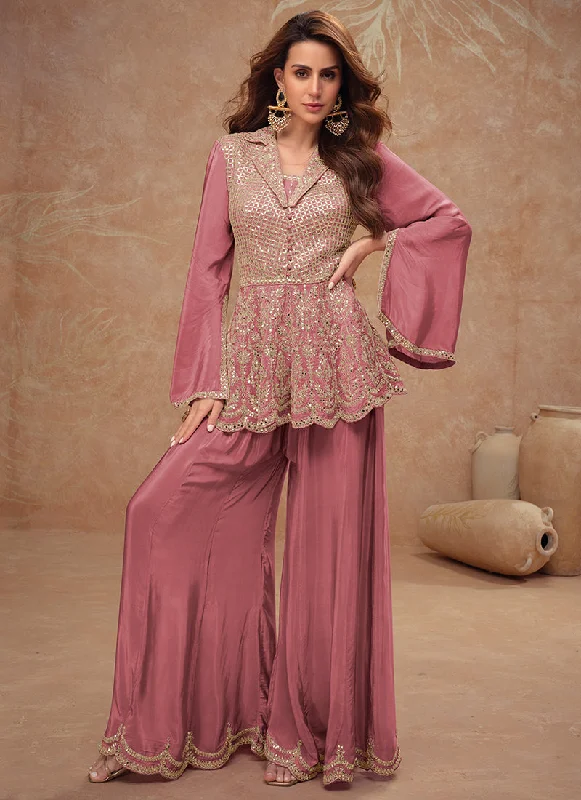 Super Bargain Rose Pink Embroidery Peplum Style Pant Suit