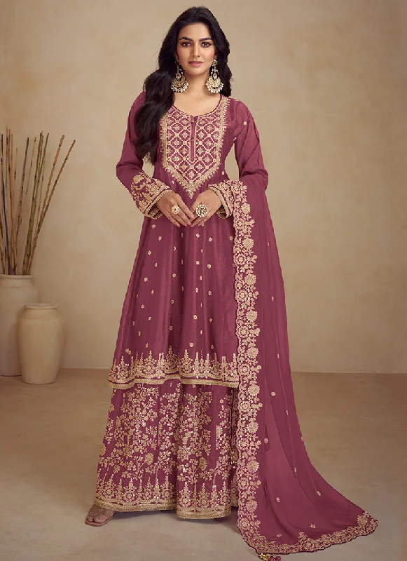 Holiday Sale Deep Pink Embroidery Anarkali Sharara Suit
