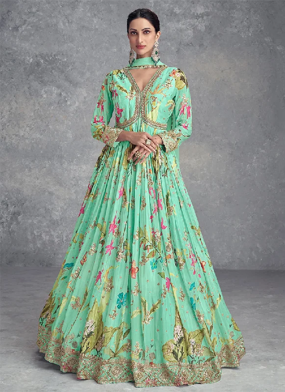 Don't Wait Sea Green Digital Printed Handwork Embroidered Anarkali Gown