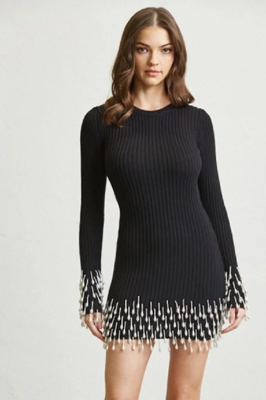 Now or Never Pearl Beaded Ribbed Knit Dress