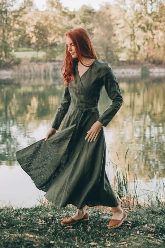 YEAR-End Sale Long Sleeved Linen Wrap Dress in Midi Length